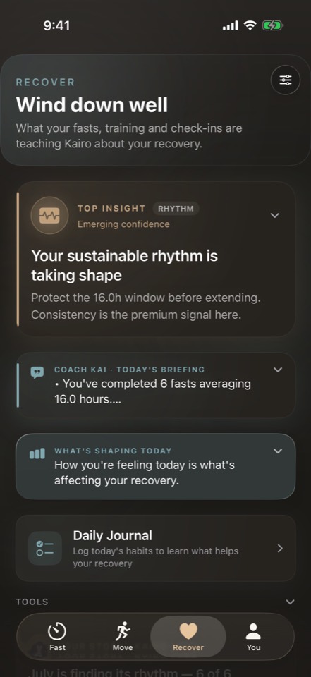 Recover tab: top insight and Coach Kai's briefing