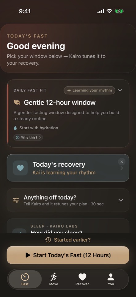 Fast tab: Daily Fast Fit recommendation with today's recovery