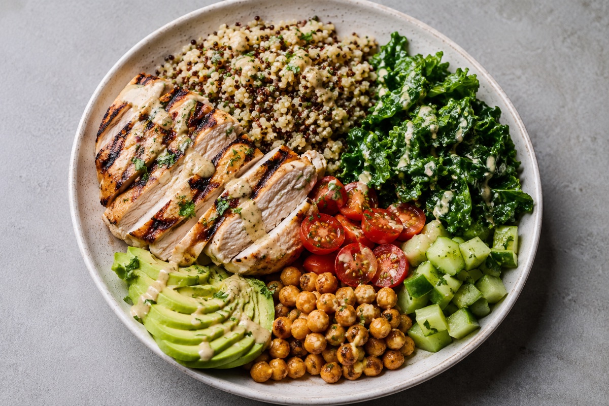 Chicken & quinoa power bowl — 590 kcal, 45g protein
