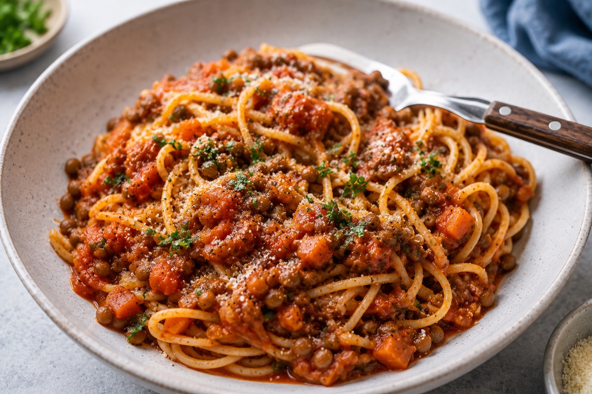 Lentil bolognese — 610 kcal, 26g protein