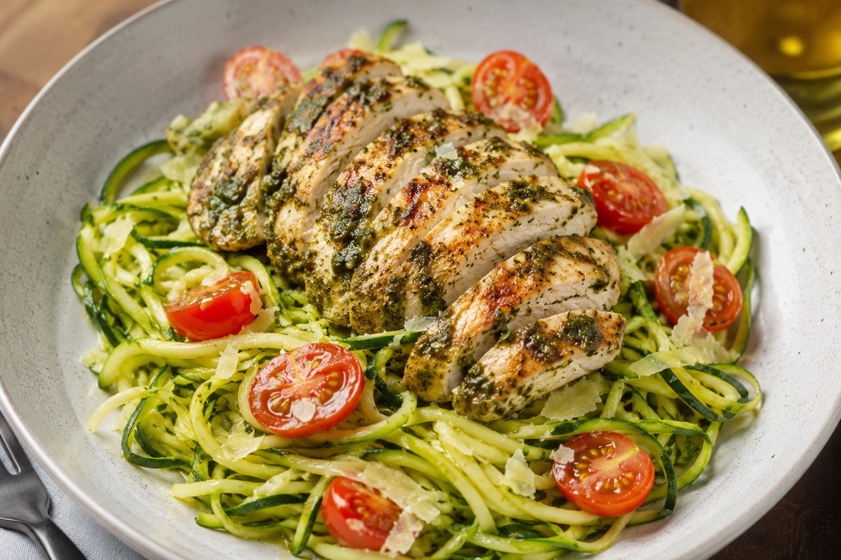 Pesto chicken zucchini noodles — 470 kcal, 38g protein