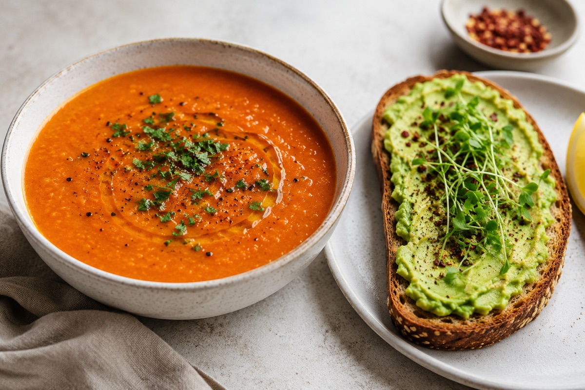 Red lentil soup + avocado toast — 520 kcal, 24g protein